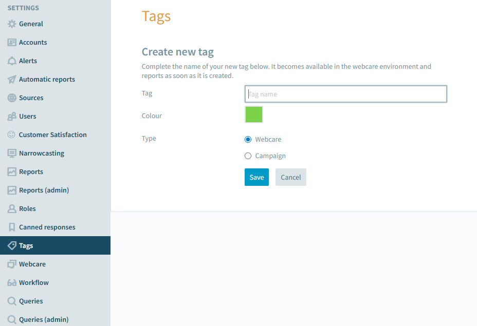 Create New Tag button in the tag management overview