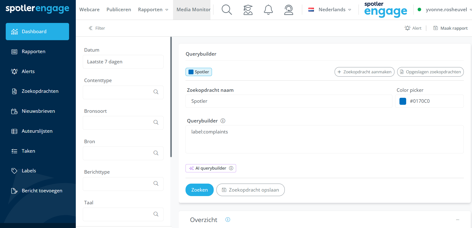 Media monitor dashboard met zoekopdracht op basis van een label