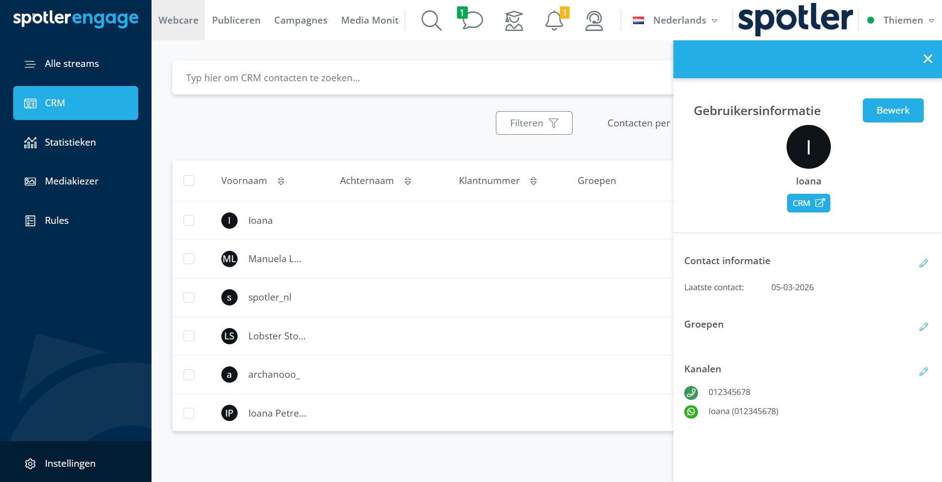 CRM pagina in Webcare