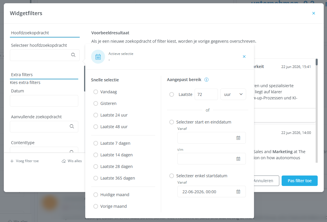 De popup voor het instellen van een filter voor datum en tijd in Spotler Engage.