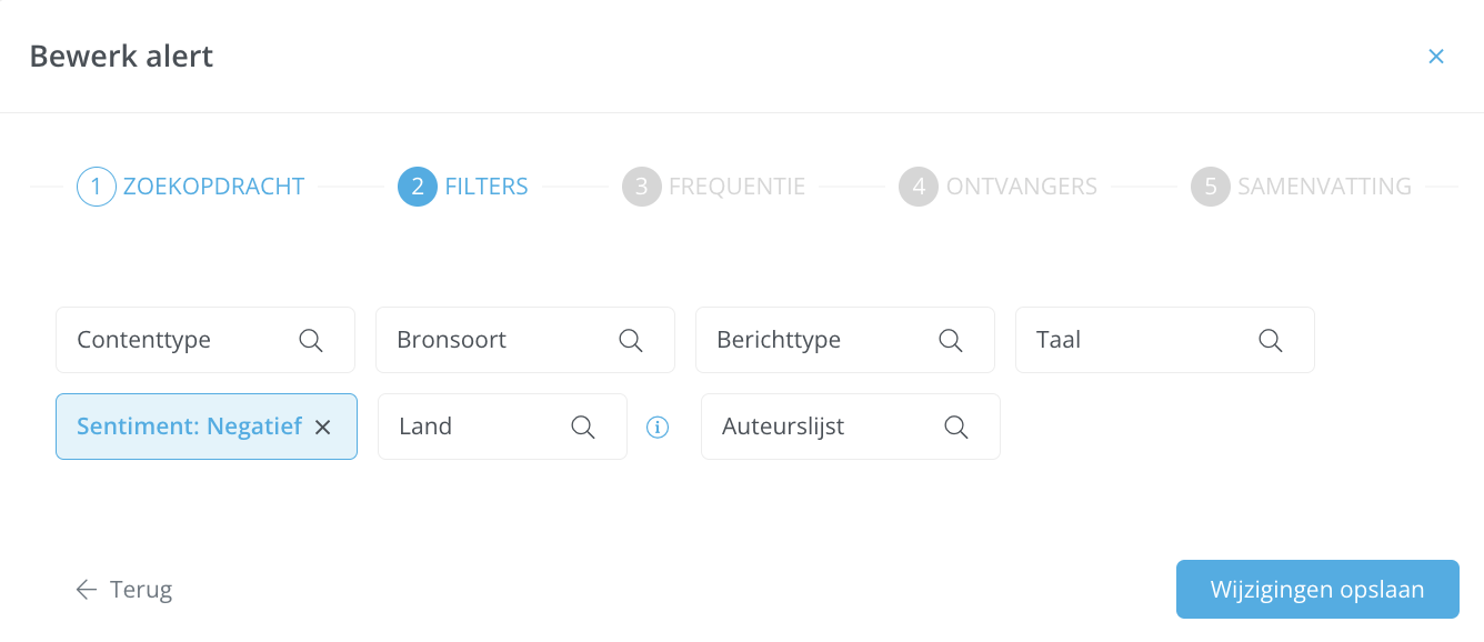 Filtermenu in een alert in Media Monitor