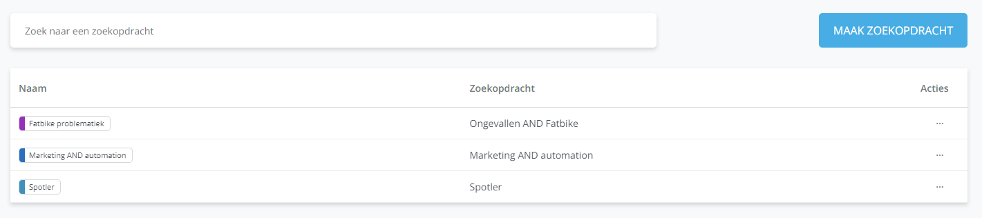 Menu under Actions with the options to edit or delete a search query